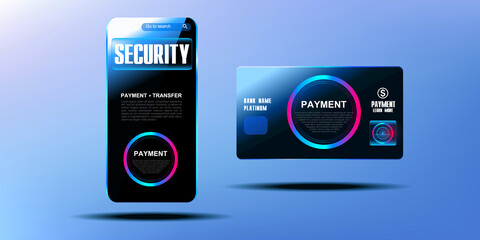Smartphone with bank credit card. Business concept of electronic payments via mobile banking. Reliable protection system for electronic payments