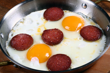 Turkish Breakfast with sausage and egg fried.