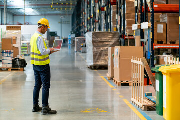 Manager of warehouse check inventory with laptop walking between shelves