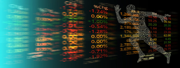 market trading stock and index number on glow blue red green digital technology and running polygon...