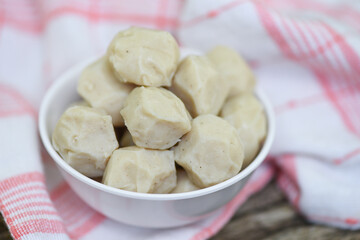 Meat ball on bowl, meat ball with pork and ingredient for cooked asian thai food.