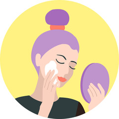 Face care. Beauty, makeup, skincare set concept. Young woman use cosmetic to look beautiful. Beautiful woman smears cream on her face. vector illustration in cartoon style. Simple flat vector