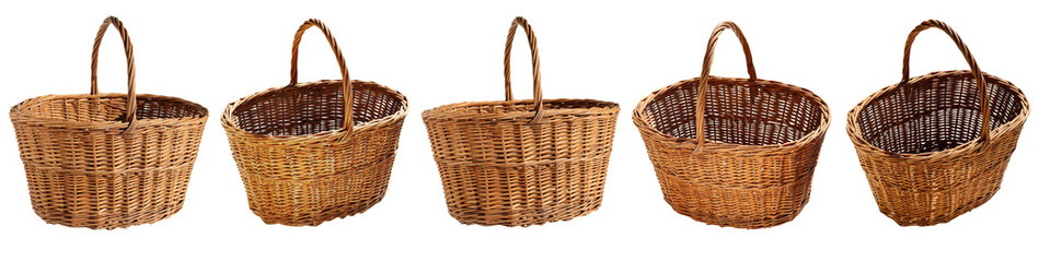 Wicker wooden basket with round handle. multiple options. Isolated on a white background