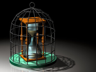 Hourglass on a bird cage. 3D, illustration.