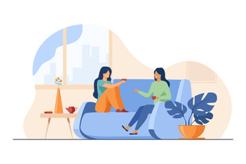 Two female friends meeting and chatting at home. Women drinking tea and talking on couch flat vector illustration. Friendship, leisure concept for banner, website design or landing web page