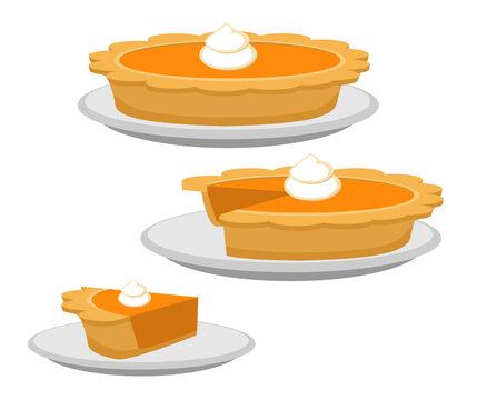 Pumpkin Or Sweet Potato Pie, Whole And Slice. Traditional American Thanksgiving Dessert. Illustration Vector Flat Cartoon Of Food On Happy Thanksgiving Menu On Dinner Table As Feast Concept.