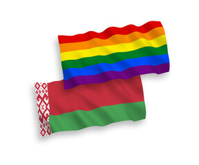National vector fabric wave flags of Rainbow gay pride and Belarus isolated on white background. 1 to 2 proportion.