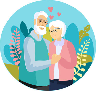 Senior couple take care of each other. Retired elderly couple smiling Caring elderly couple. Happy grandparents take care of each other, portrait in love, smiling elderly seniors hug cartoon romance