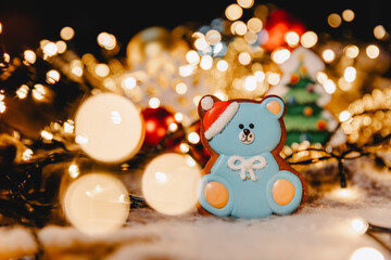 Special New Year's background with elements of the Christmas cookies, festive lights, Christmas ornaments. Covid xmas concept