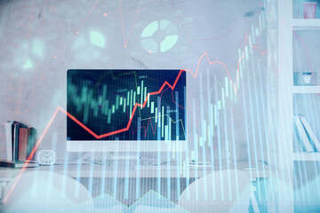 Multi exposure of stock market chart drawing and office interior background. Concept of financial analysis.