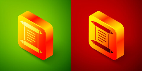 Isometric Decree, paper, parchment, scroll icon icon isolated on green and red background. Square button. Vector.