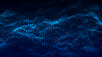Digital dynamic wave of particles. Abstract blue futuristic background. Big data visualization. 3D rendering.