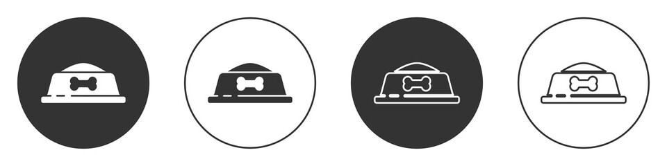 Black Pet food bowl for cat or dog icon isolated on white background. Dog bone sign. Circle button. Vector.