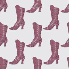 Fashion style seamless pattern with boots elements. Purple ornament on light grey background.