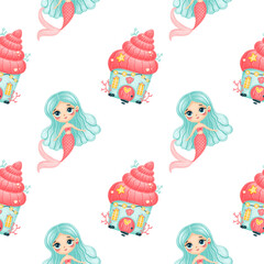 Cute cartoon mermaids seamless pattern. Mermaid castle pattern. Mermaid house pattren. Underwater world pattern. Fairy tale pattern.