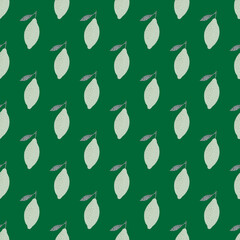 Fresh organic fruit seamless pattern with doodle light grey colored lemons. Green background.