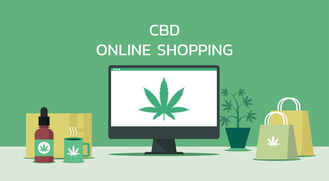 Online Store Of Cannabis On Computer Monitor Concept With Hemp Leaf Icon And Shopping Bag And CBD Oil Bottle, Vector Flat Illustration