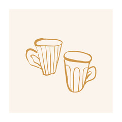 Cups brush pen illustration. Minimalist hand-drawn ink drawing. Coffee or tea mugs