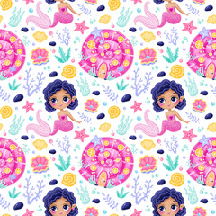Cute cartoon mermaids seamless pattern. Mermaid castle pattern. Mermaid house pattren. Black skin mermaid pattern. Underwater world pattern. Fairy tale pattern.