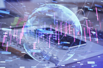 Fototapeta na wymiar Double exposure of forex chart drawing and cell phone background. Concept of financial data analysis