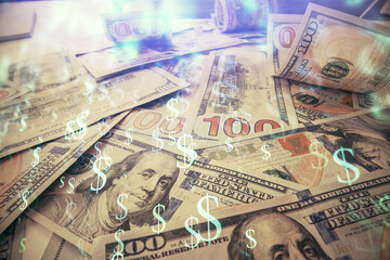 Multi exposure of forex chart drawing over us dollars bill background. Concept of financial success markets.