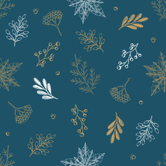 Xmas Seamless pattern with Christmas Tree Decorations, Pine Branches hand drawn art design vector illustration.