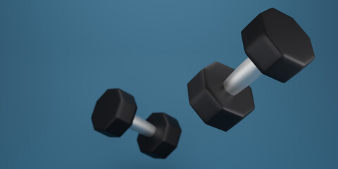Obraz premium Black dumbbell on a blue background. 3d rendering