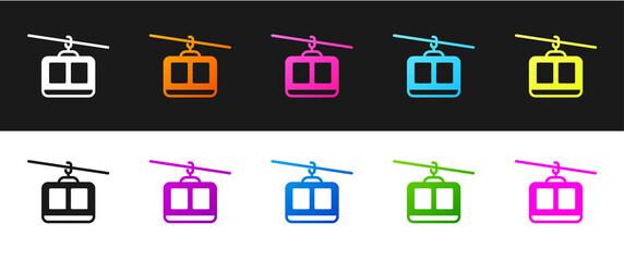 Set Cable car icon isolated on black and white background. Funicular sign. Vector.