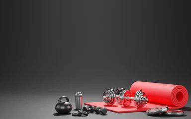 Fotobehang Sport fitness equipment, red yoga mat, kettlebell ,bottle of water, dumbbells over black color background. 3D rendering. © marchsirawit
