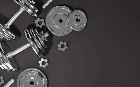 Sport fitness equipment, plates metal dumbbell or barbell on black background, 3D rendering.