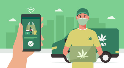 CBD delivery concept, delivery man with box waiting for customer, human hand holding smartphone with mobile app order cannabis online, smart logistic, vector flat illustration