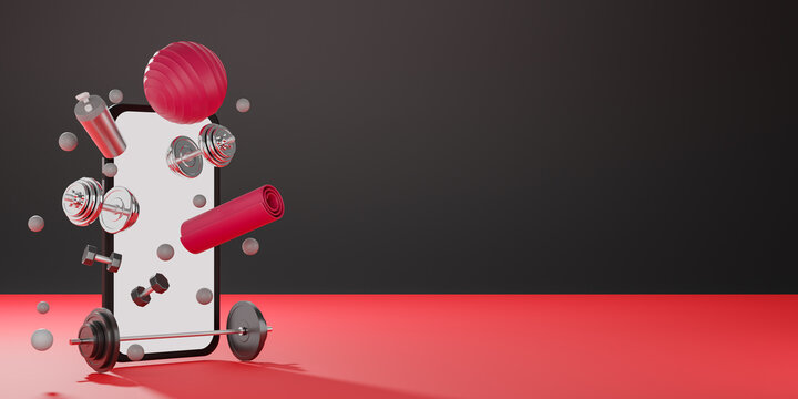 Sport fitness equipment : white screen mobile mockup, red yoga mat, fit ball, bottle of water, dumbbells and barbell on black and red background. 3D rendering.