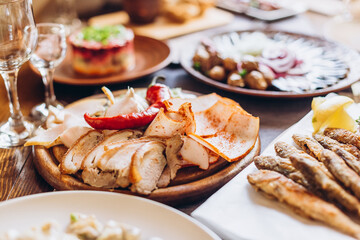 delicious European and Slavic cuisine on the big table waiting for guests. table with food, top view