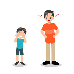 Father getting angry at his son. Cute boy crying scolded by his dad. Parenting clip art. Flat vector isolated on white.