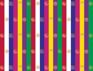Korean traditional background of stripes of many colors with wooden rice-cake pattern. Korean holiday card concept. 
