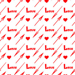 Seamless pattern of red hearts, arrows and word love. Vector illustration on a white background.