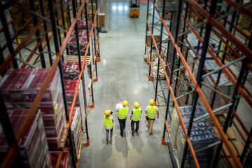 Fototapeta na wymiar Warehouse manager and workers consult plans walking between tall shelves, above view