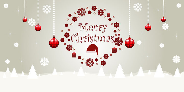 Merry Christmas Background. Illustration with colorful Christmas toys and gifts. Winter snow landscape. Vector illustration.