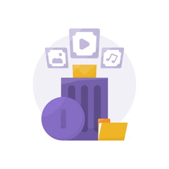 icon concept for cleaning files, cache, cookies, or junk files. illustration symbols pictures, music, videos, messages, trash cans. flat style. design elements © Papcut design 