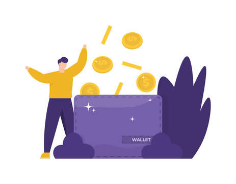 e payment concept, loyalty program, collect points, get rewards. illustration of a man holding coins that fall using a wallet. money raining and online storage. flat style. design elements