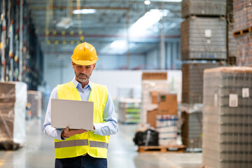 Warehouse manager with laptop entering inventory data to database - obrazy, fototapety, plakaty