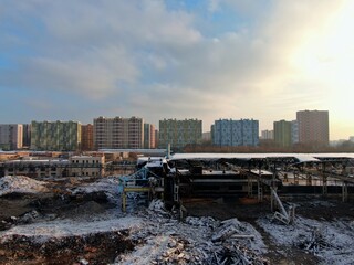 Aerial view demolition of old buildings and structures for the construction of new residential buildings. Reinovation of housing in Moscow.
