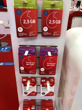 Berlin, Germany - August 4, 2020: Vodafone CallYa prepaid sim cards. Founded in 1984 as Racal Telecom Ltd., Vodafone is a British multinational telecommunications company