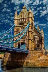 Fototapeta na wymiar Tower Bridge perspective, a combined bascule and suspension bridge in London. Capital of England and the United Kingdom, is also one of the most important cities of world. Oil paint filter.