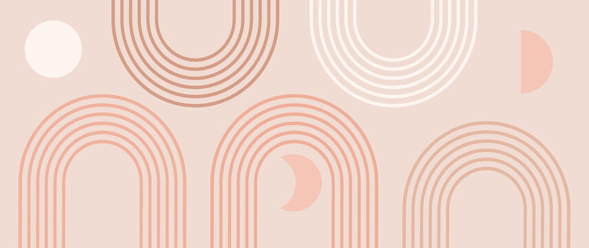 Abstract contemporary aesthetic background with geometric balance shapes, five rainbow and sun, moon circles. Boho wall decor. Mid century modern minimalist print. Neutral Geometric art. Organic shape