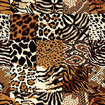 Checkered wild animal skin patchwork colorful abstract vector seamless pattern