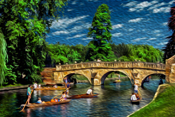 Fototapeta na wymiar Park with bridge over the River Cam with people on flat-bottomed boat in a bucolic summer day at Cambridge. A beautiful and peaceful university town in eastern England. Oil paint filter.