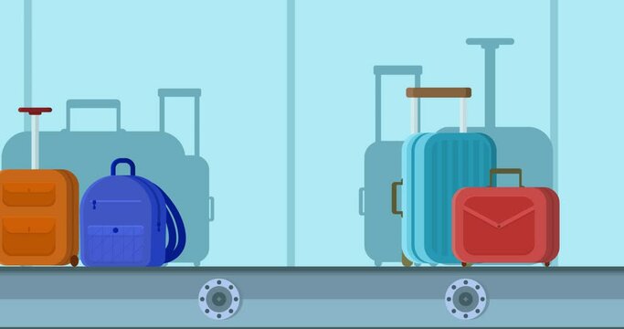 4K Looped 2d animation, conveyor belt with bags and traveling cases. flat style Seamless motion animated footage of airport Luggage carousel, baggage line with vacation suitcases, carryall, handbag