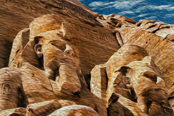 Colossal statues of pharaoh Ramses II carved into rock by the ancient Egyptians in the Abu Simbel Temple. An archaeological complex on the lake shore of Aswan dam in southern Egypt. Oil paint filter.