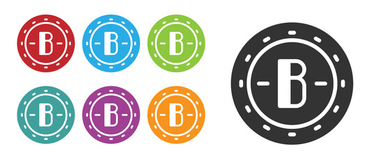 Black Cryptocurrency coin Bitcoin icon isolated on white background. Physical bit coin. Blockchain based secure crypto currency. Set icons colorful. Vector.